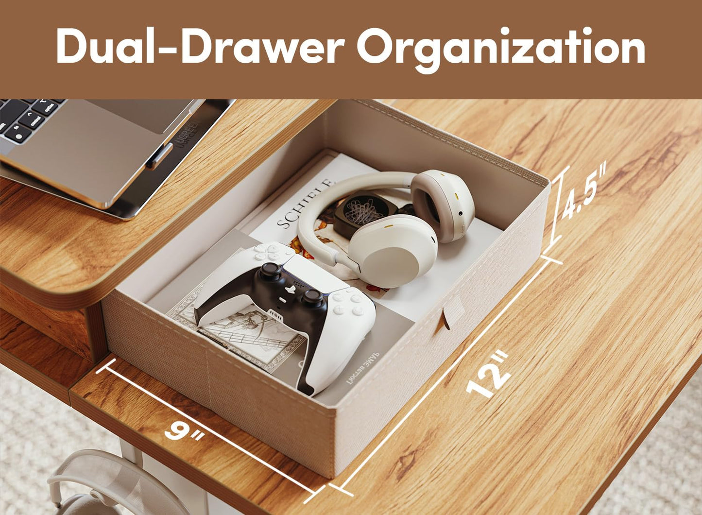 CubiCubi 55 x 24 Inch Electric Height Adjustable Standing Desk with Double Drawers, 4 Adjustable Feet & 2 Hooks, Home Office Computer Workstation, Light Rustic