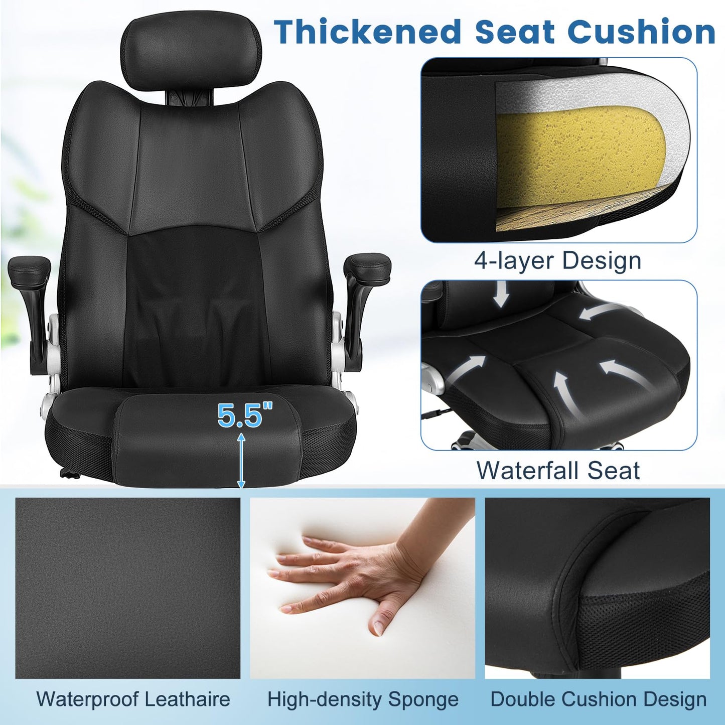 Giantex Executive Office Chair, Kneading Massage Computer Chair with Removable Lumbar Support Pillow, Adjustable Headrest, Faux Leather Rolling Desk Chair with Flip-up Armrests for Home Office, Black