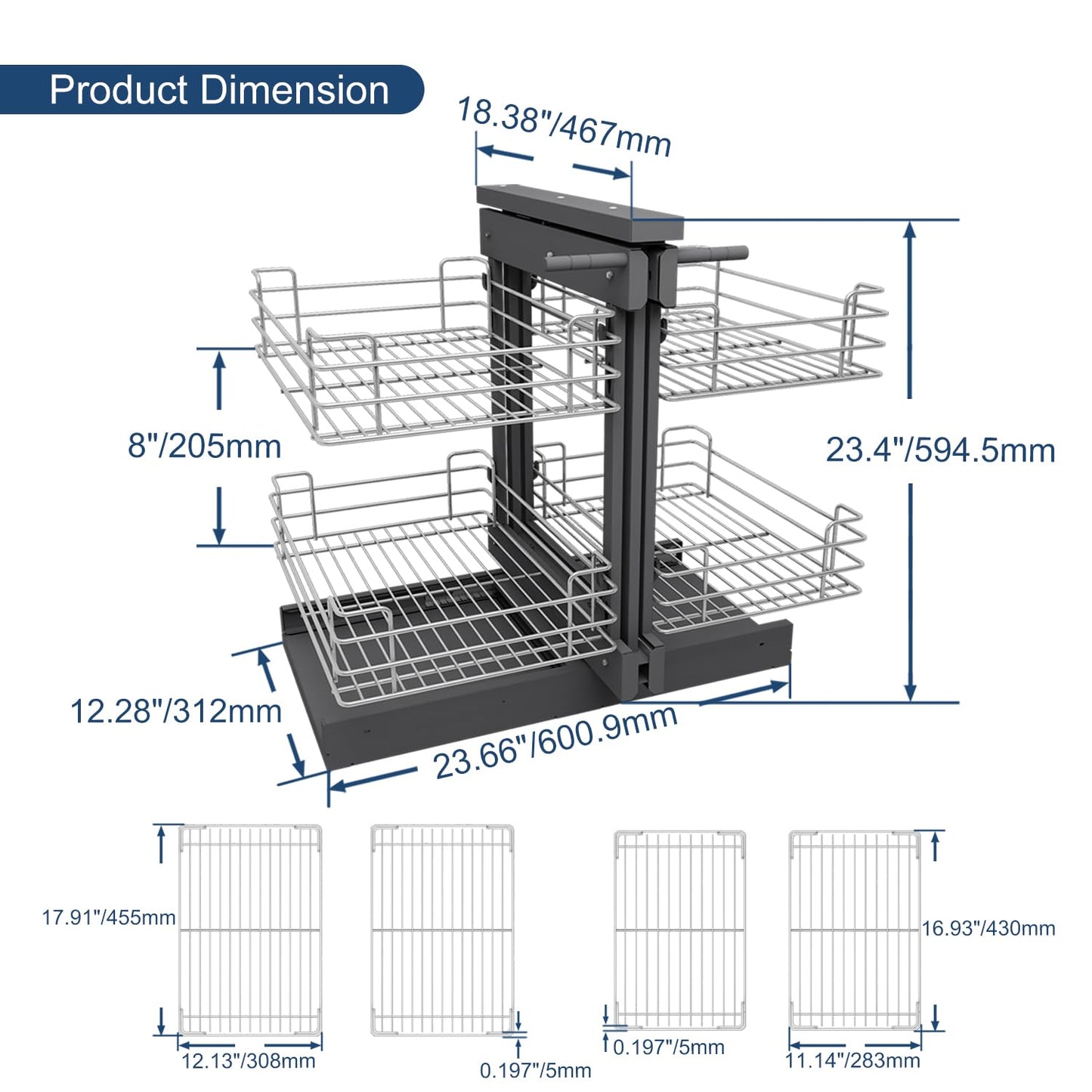 VADANIA Blind Corner Pull Out Organizer for 36" Cabinet, Left Open & Right Open Compatible, Min Opening 15", 2-tier Pull-out Basket, Soft Close, Bottom Mount