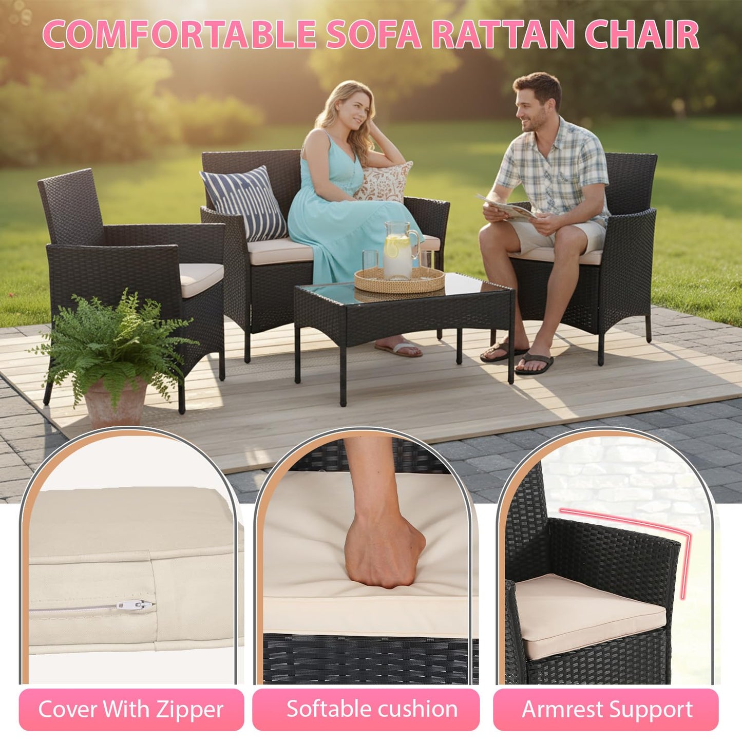 FDW Rattan Furniture Wicker Chair Patio Bristo Set for Outdoor Indoor Use with Loveseats Coffee Table,Khaki Cushion, 4-Pieces