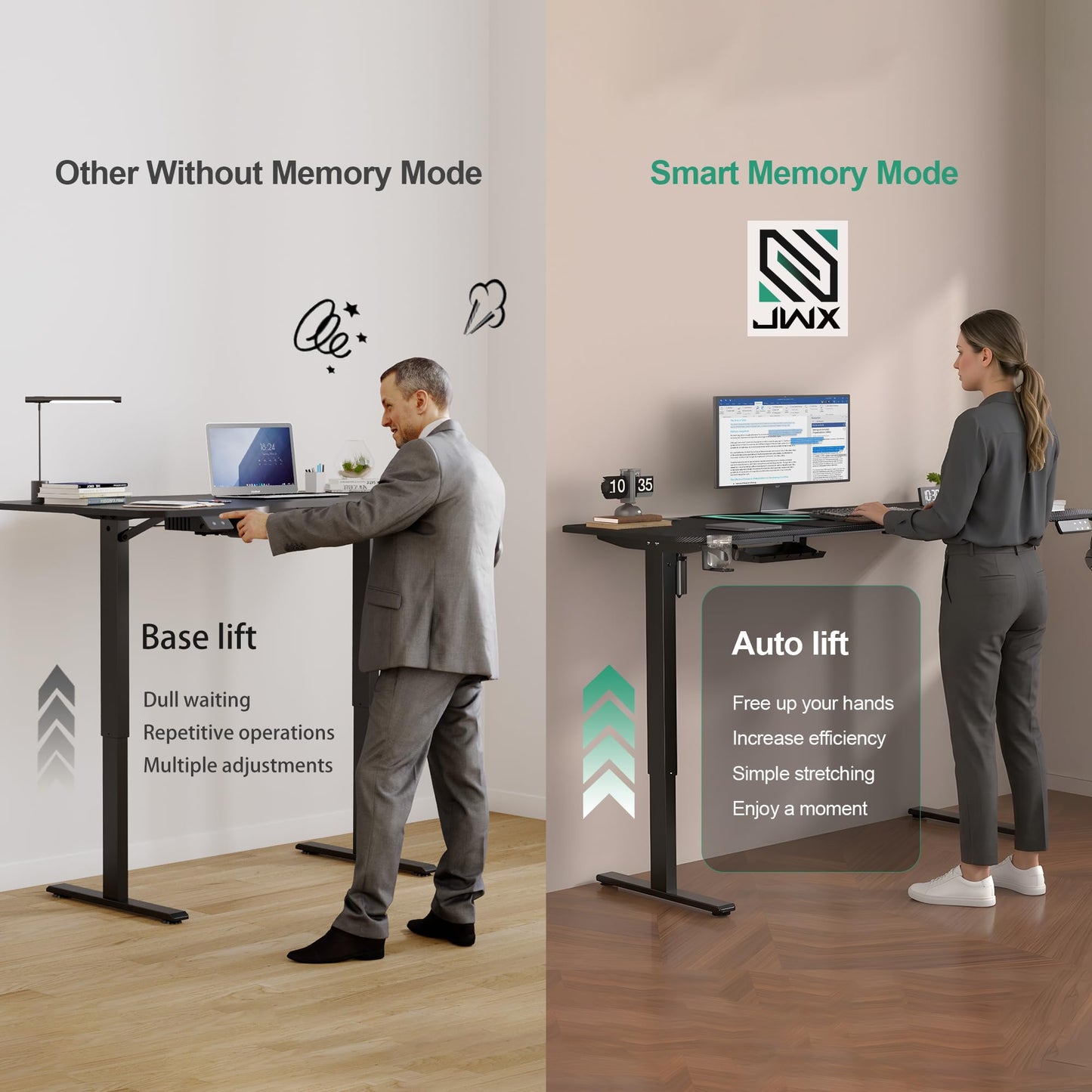 JWX Dual Motor L Shaped Standing Desk 63”, Electric Height Adjustable Gaming Desk with Memory Presets, Child Lock, Sit Stand Reminder, Carbon Fiber Desktop, Cable Management, Cup Holder