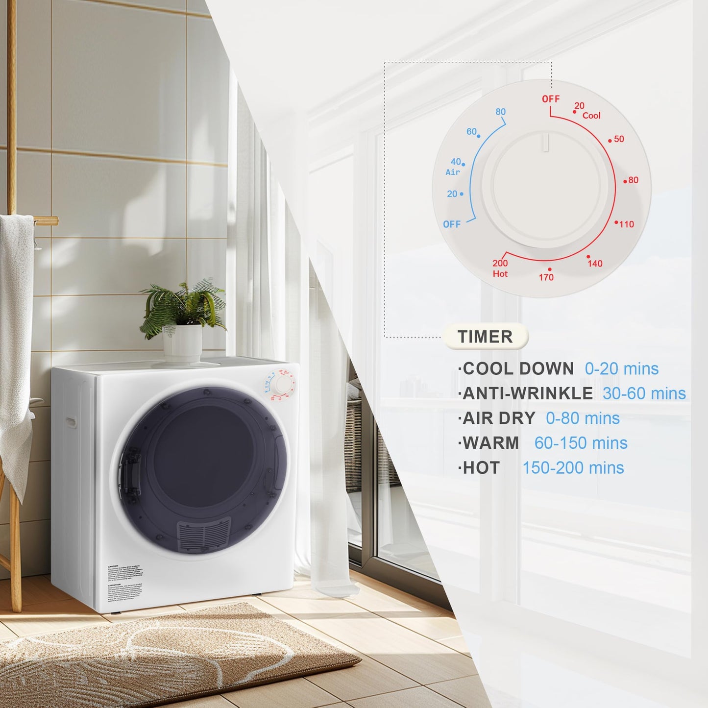Elevon 2.6 cu.ft Portable Laundry Dryer,800W Electric Clothes Dryer with Stainless Steel Tub,Front Load with Exhaust Pipe,5 Automatic Drying Modes LCD Control Panel for Apartment Home Dorm RV,White