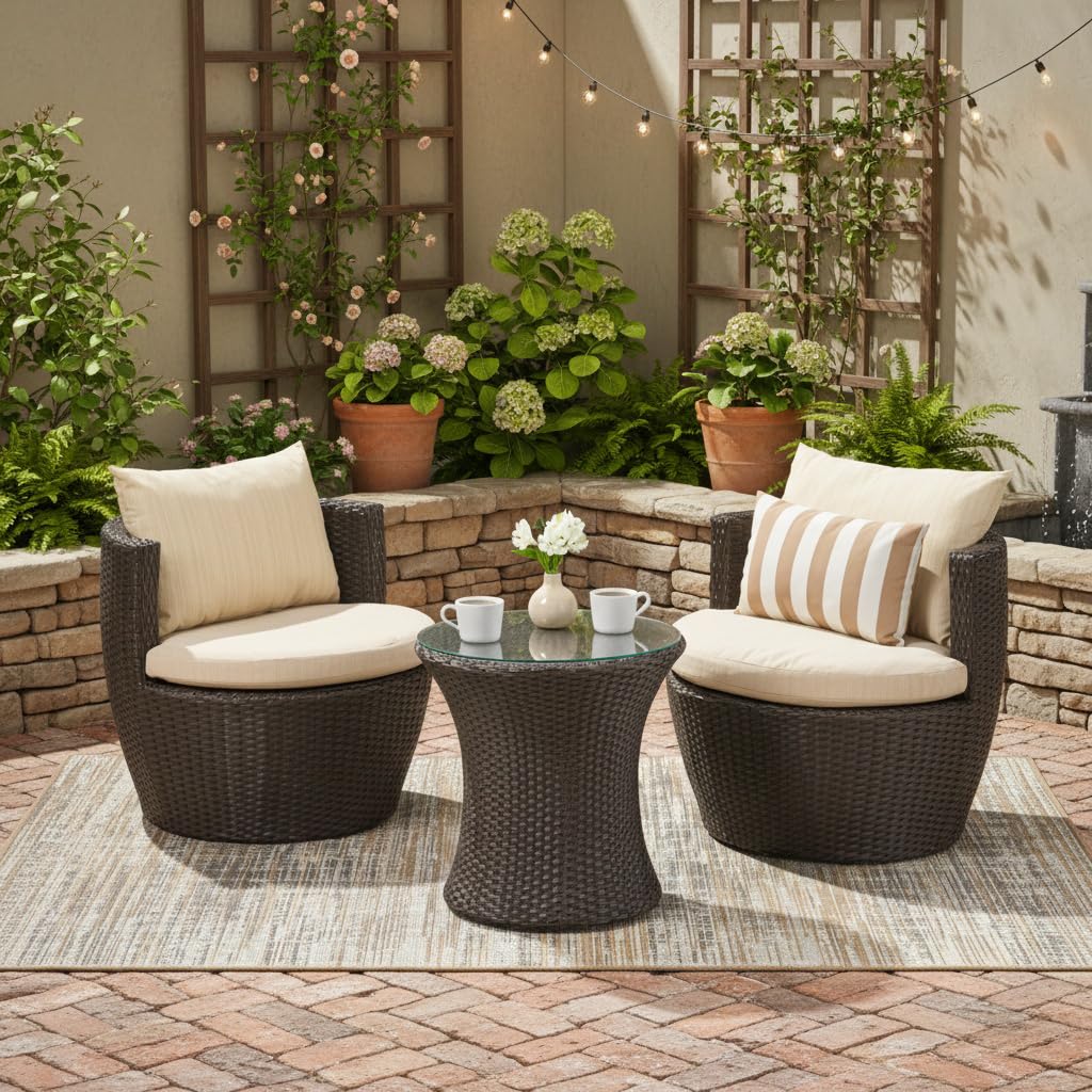 Merax Patio Furniture Set of 3, Outdoor PE Rattan Wicker Chairs with Cushion & Glass Coffee Table for Balcony Garden Front Porch, Patio Conversation Sets for 2, Sturdy Aluminum Frame, Brown+Beige
