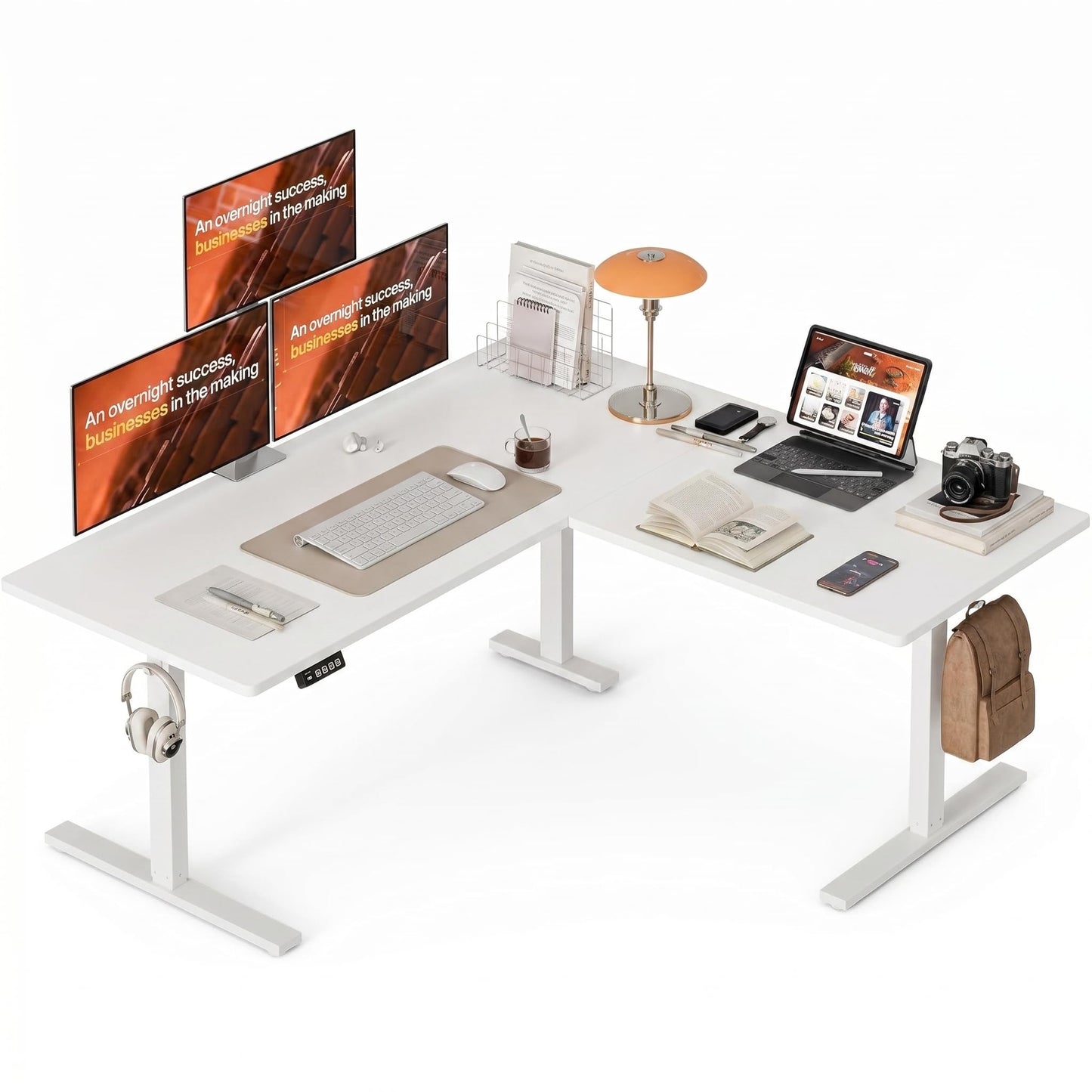 Grandder L Shaped Standing Desk Adjustable Height, Electric Standing Corner Desk, 160 x 140 cm Sit Stand Computer Table with Splice Board, White