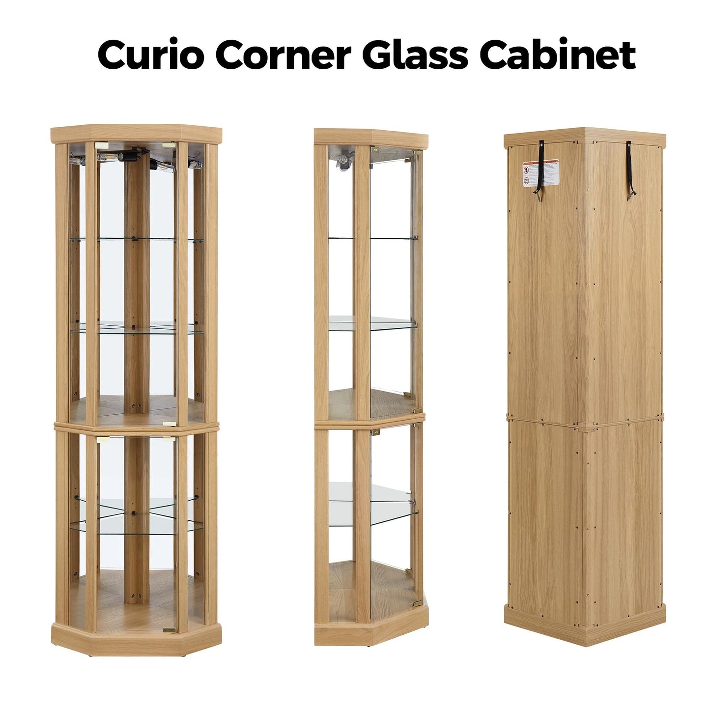Topcomfy Corner Curio Cabinet, Lighted 3-Side Glass Display Curio Cabinet with Tempered Glass Doors & Adjustable Shelves, Wine Bar China Cabinet with Bulb for Living Room (Light Oak)