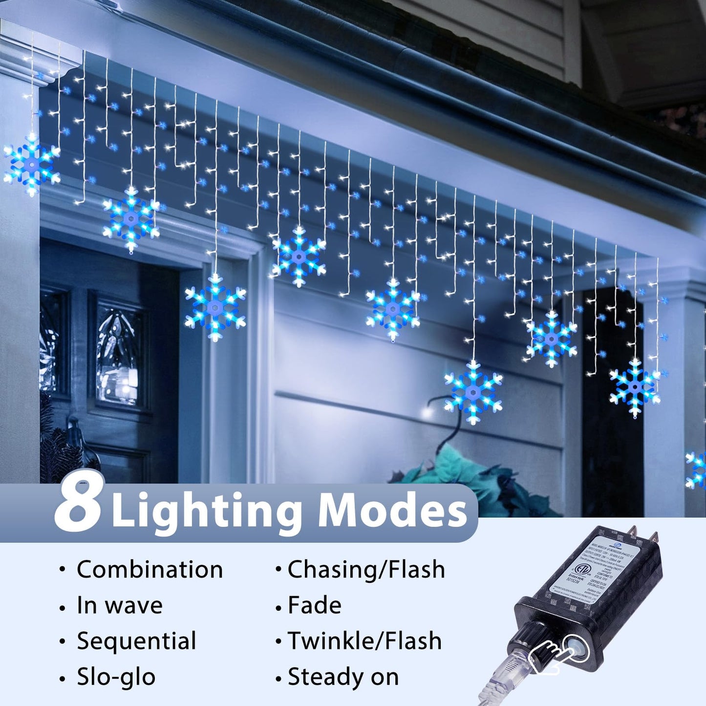 Minetom Icicle Lights Outdoor, 20FT 200 LED, 8 Modes, Timer, Waterproof, Blue & White, Model DMO-300