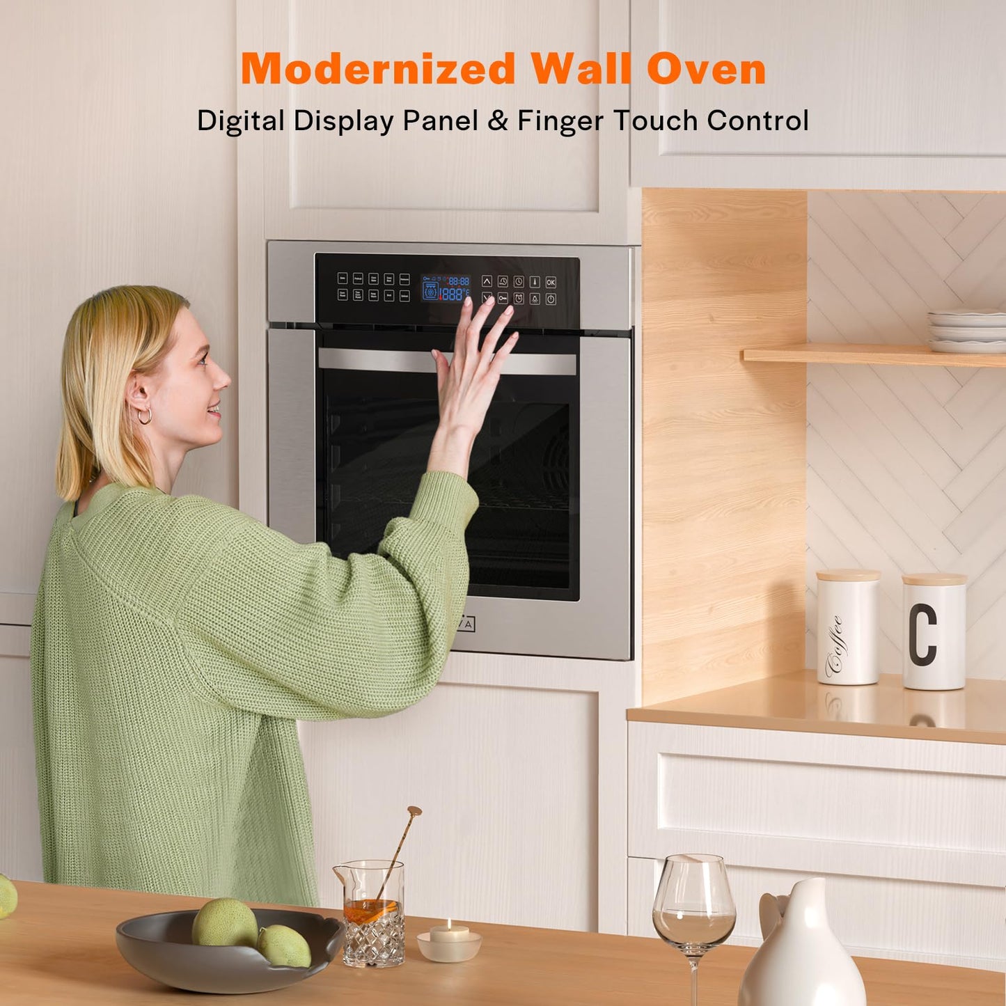 Empava Built-In Electric Single Wall Oven 24 inch with Convection and Rotisserie 10 Cooking Modes, Screen Touch Control, Stainless Steel