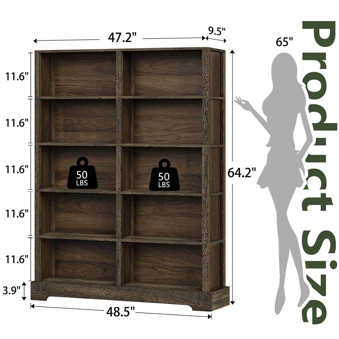 TVU 6-Tier Wood Book Shelf, 47" Wide Large Bookcase and Bookshelf, 76" Tall Bookcase with Storage, Freestanding Wood Display Book Shelves for Living Room, Home Office, Walnut
