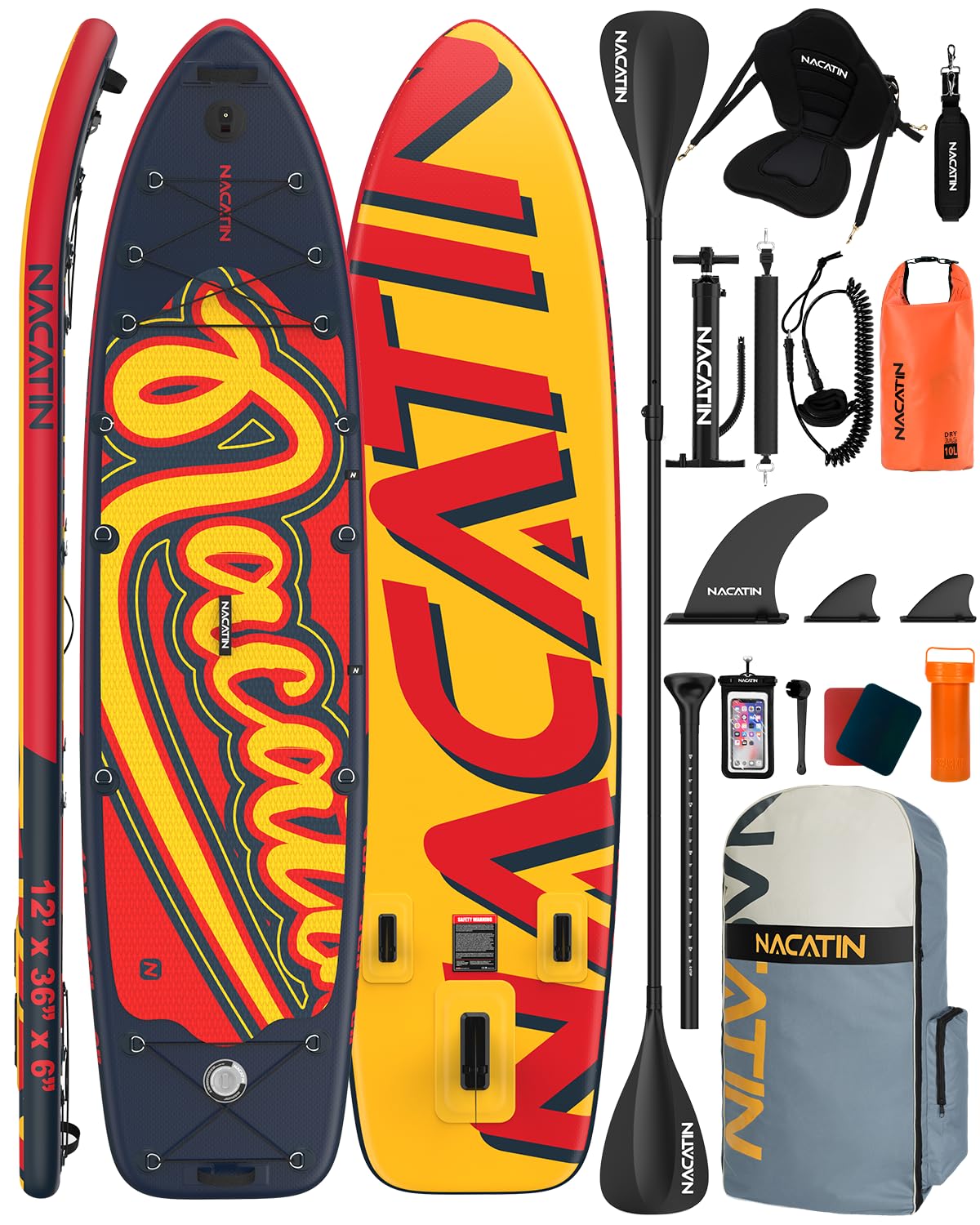 NACATIN 12' Extra Large Inflatable Stand Up Paddle Board with Seat, Wide 36" SUP Board for Adults & Family, with Single/Double Paddle, Kayak Seat, Pump, Stable Wide Deck for Beginners, Lake and River