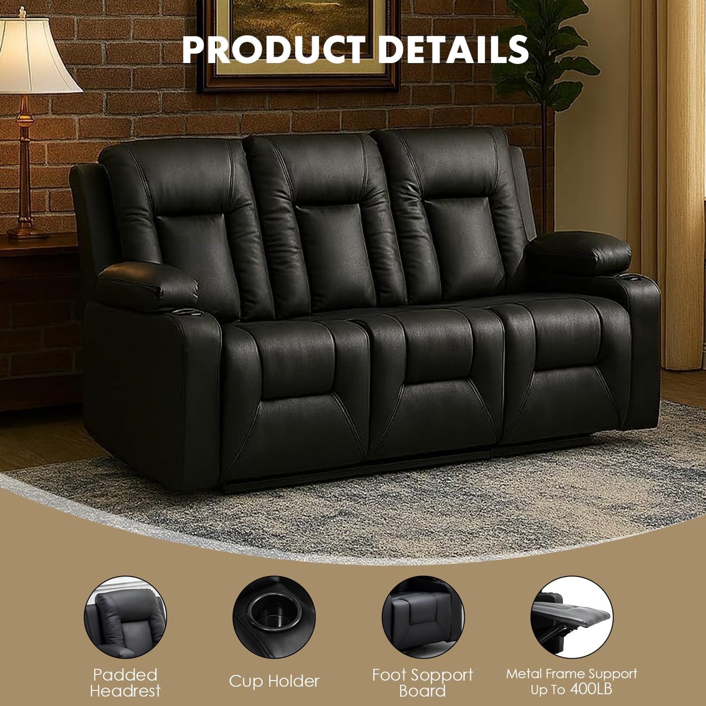 LUCKLIFE Leather Recliner Sofa Set with Manual Recliners,Living Room Furniture Set with Reclining Couch,Loveseat and Armchair,Living Room Chair with Cup Holders,Black (3+2+1)