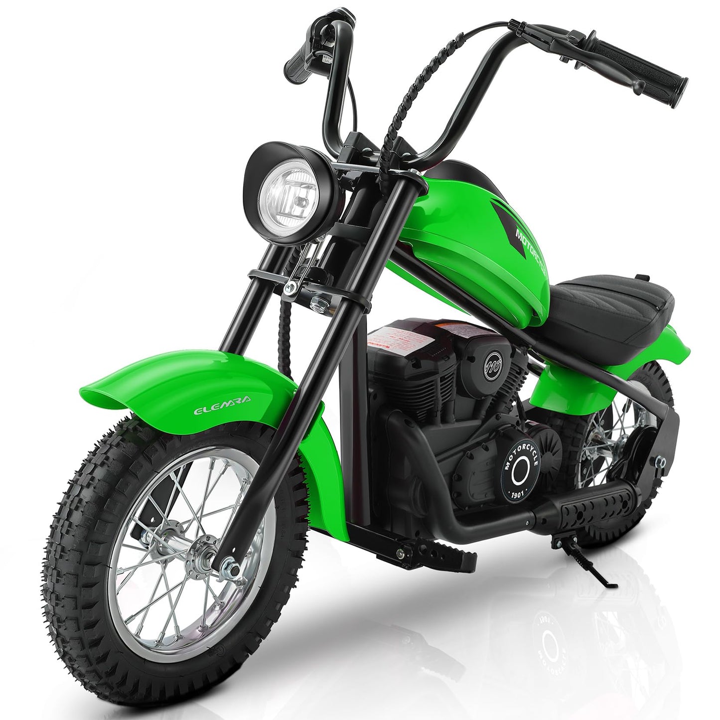 ELEMARA Electric Dirt Bike,15 mph & 150lb Max, 24V Ride on Toy for Big Kids w/LED Lights & Power Display,Chain-Driven Motor,Twist-Grip Throttle,Shock Springs,Handbrake,12" Air-Filled Tires-Grass Green