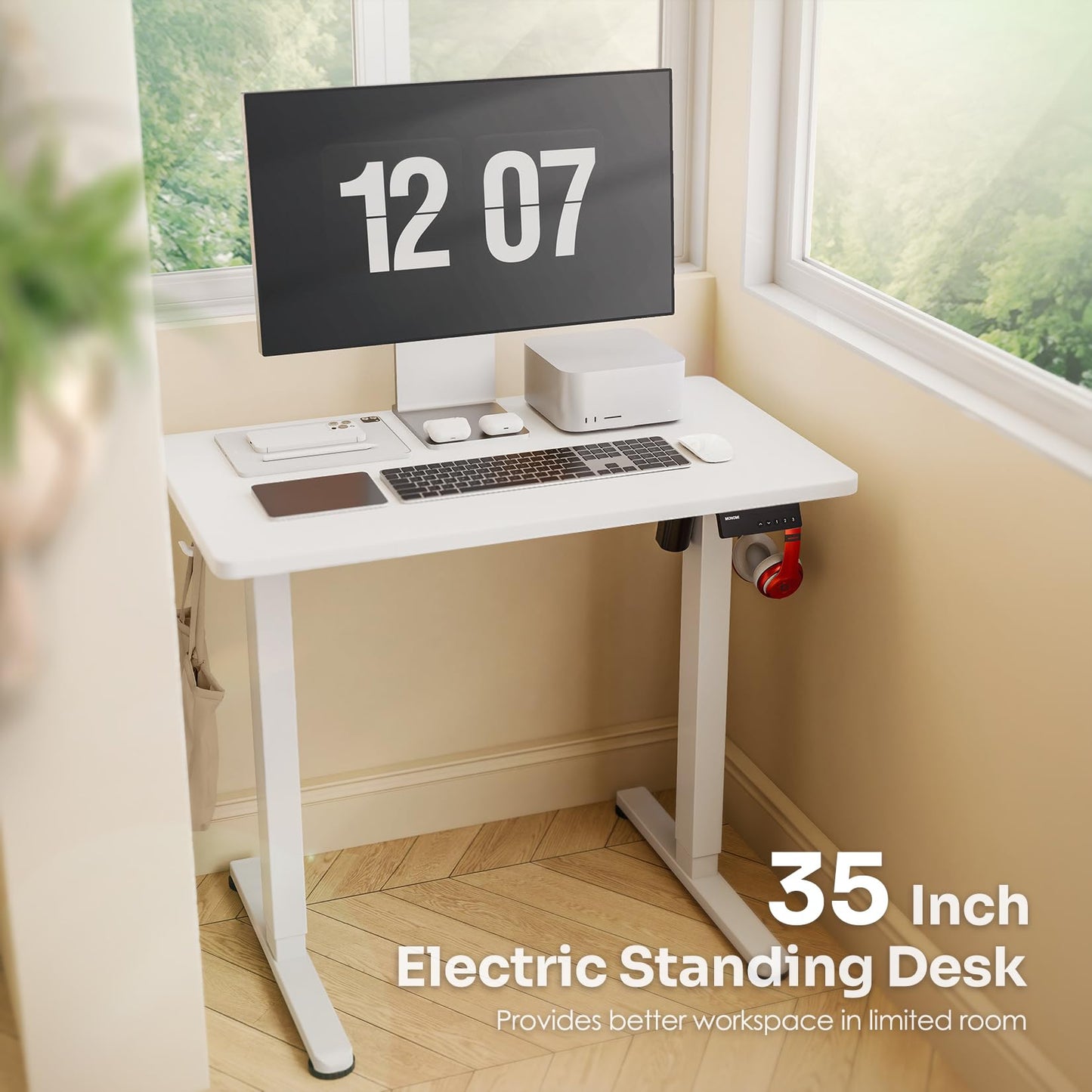 Monomi Small Electric Standing Desk, 35" x 20" Whole Piece Height Adjustable with Memory Controller, White Sit to Stand Desk Workstation for Home Office