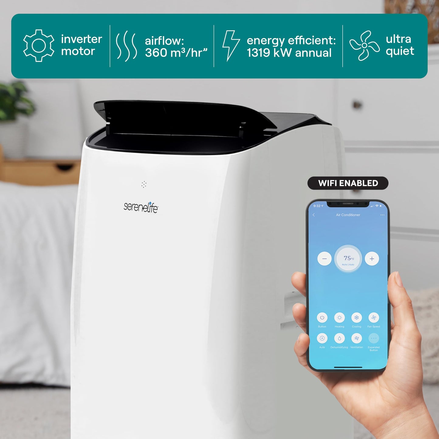 SereneLife 14,000 BTU Dual Hose Portable Inverter Air Conditioner, Smart Cooling Heating with WiFi, Ultra Quiet, Energy Efficient, For Bedrooms, Living Spaces & Offices, 650 Sq. Ft. Coverage