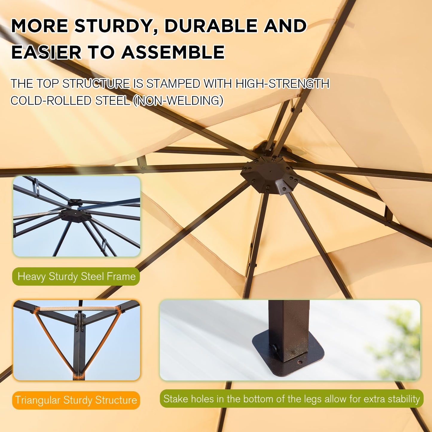 Bezseller 10x12 Outdoor Patio Gazebo with Powder-Coated Metal Frame, Stable Double-Tier Canopy with Zip Mesh Sidewalls for Backyard Dining & Entertaining, Khaki