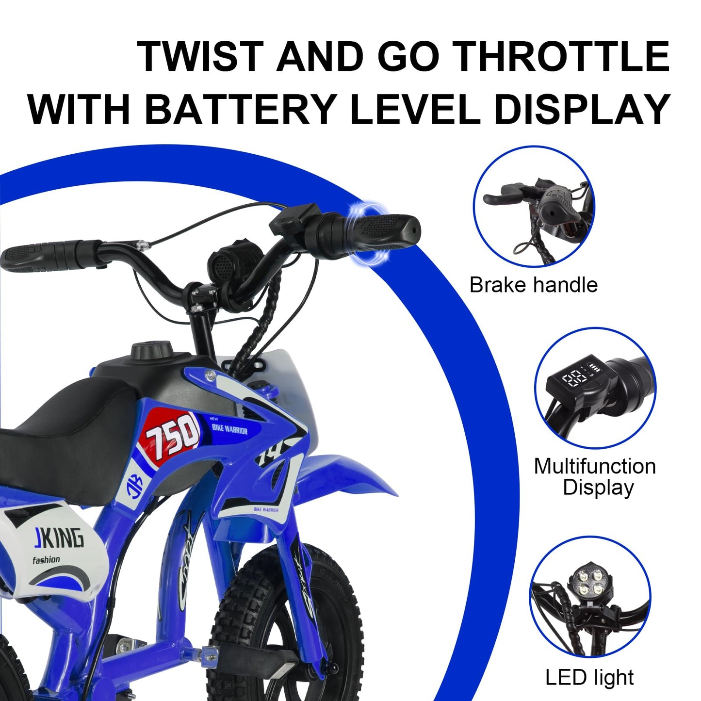 Kids Motorcycle,C6 Kids Electric Dirt Bike,12-inch 160W brushless Motor,3-Speed LCD Display,10 MPH Top Speed,LED Brushless Controller + Moto Sound，8 Miles Range,Blue