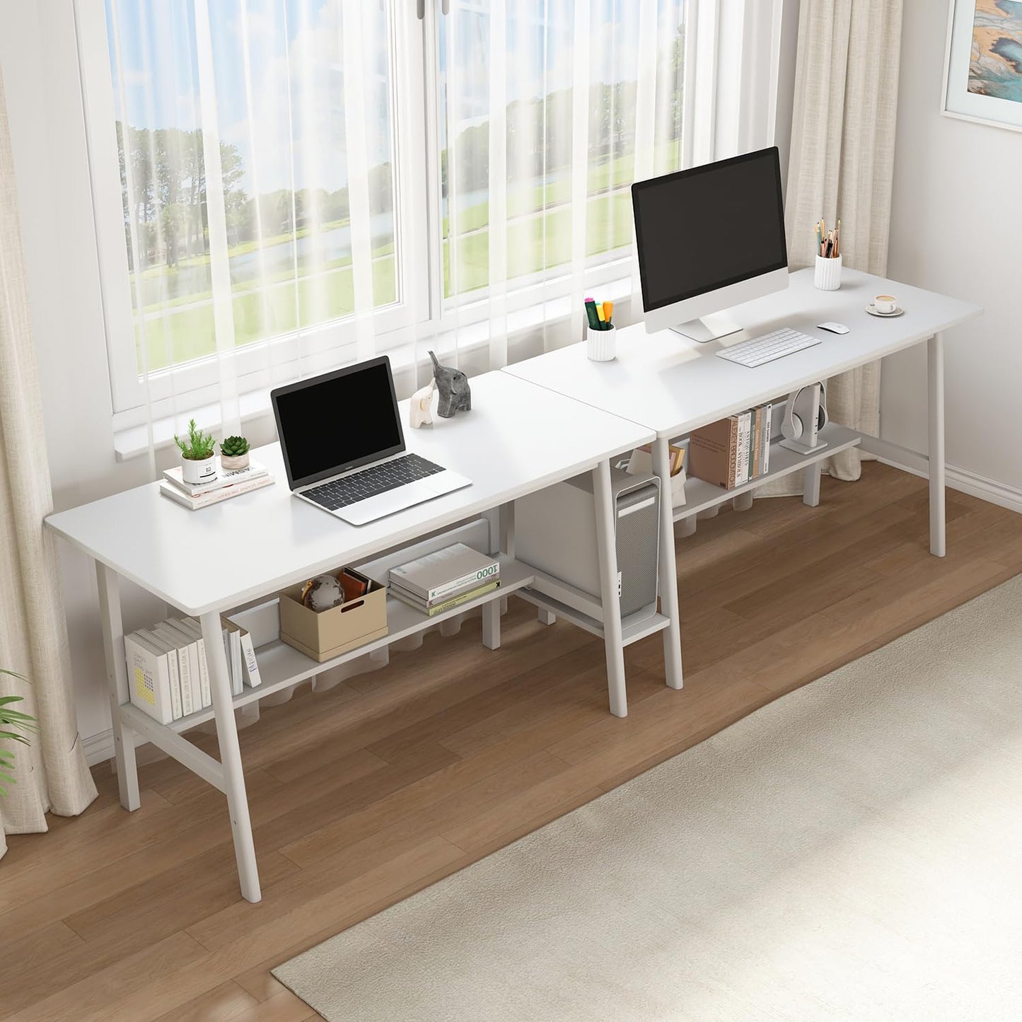 NELYE 2-Person Writing Desk with Bookshelf - 110" Wooden Extra Long Home Office Work Table, Double Study Computer Workstation with Storage Shelves in White, 110" W x 24" D