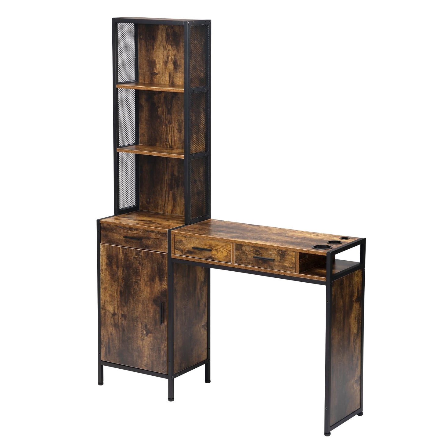 RESHABLE Industrial Wall Mount Salon Barber Station, Hair Styling Station with 3 Drawers, Storage Cabinet, Shelves, Hair Dryer Holes, Beauty Spa Equipment, Rustic Brown