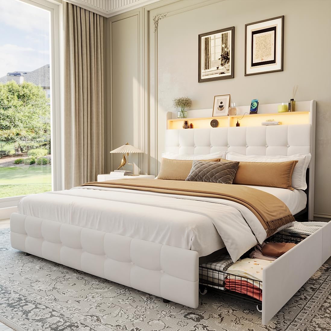Garvee Queen Size Bed Frame with 2 Storage Drawers, Upholstered Bed Frame Queen with LED Light, Double-Layer Bedside Headboard with Charging Socket and USB Port, Soft Plush Fabric, White