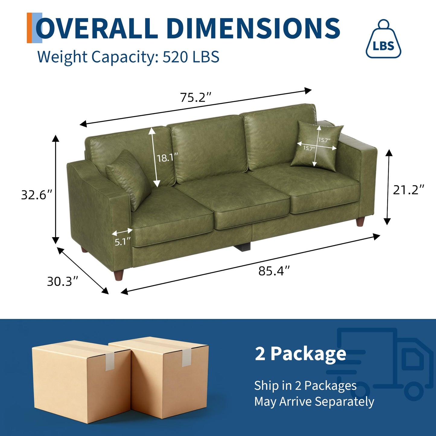 Faux Leather Couch with 2 Throw Pillows, Sofa Couches for Living Room, 3 Seater Sofa with Wide Armrests, Wood Legs, Deep Seats, Back Cushion, Sturdy Support Feet, for Office, Living Room, Olive Green
