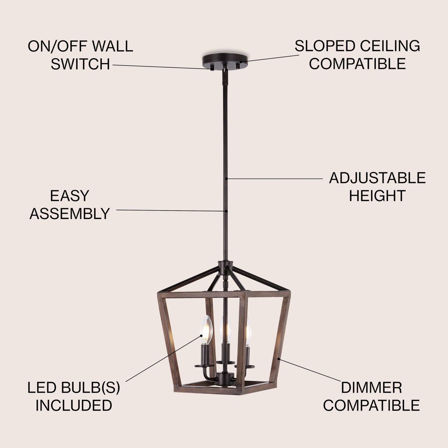 JONATHAN Y 10in 3-Light Industrial Lantern Pendant, Metal, Faux Wood-Oil Rubbed Bronze, Model JYL1321A