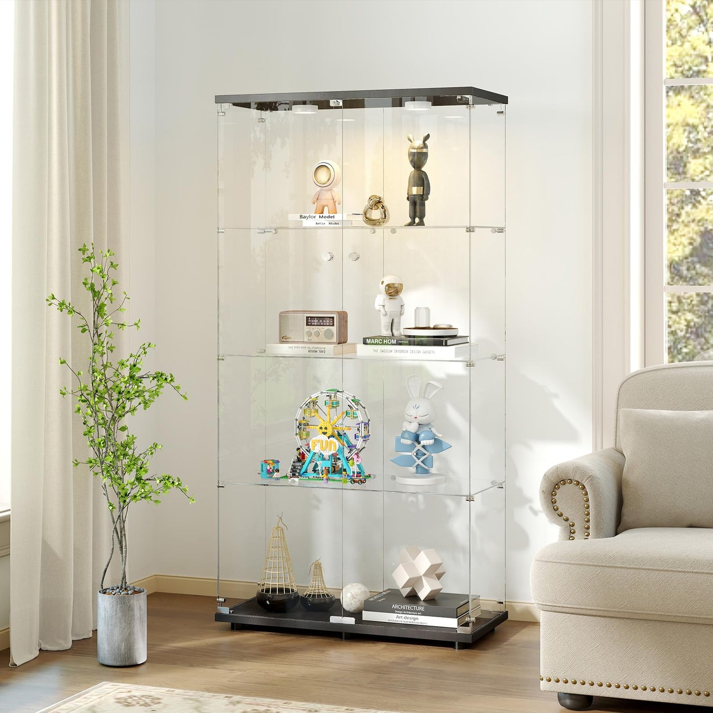 Zevemomo 4-Tier Tempered Glass Display Cabinet with Lights, Curio Cabinet with Glass Doors and Lock, Glass Display Case for Collectibles, for Living Room, Bedroom, Office, Black, Double Door