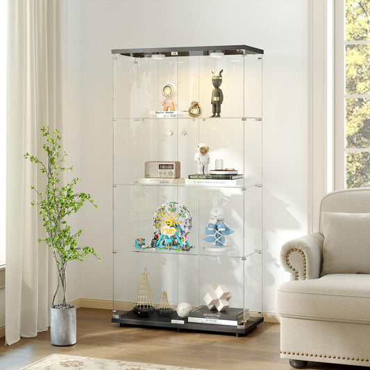 Zevemomo 4-Tier Tempered Glass Display Cabinet with Lights, Curio Cabinet with Glass Doors and Lock, Glass Display Case for Collectibles, for Living Room, Bedroom, Office, Black, Double Door