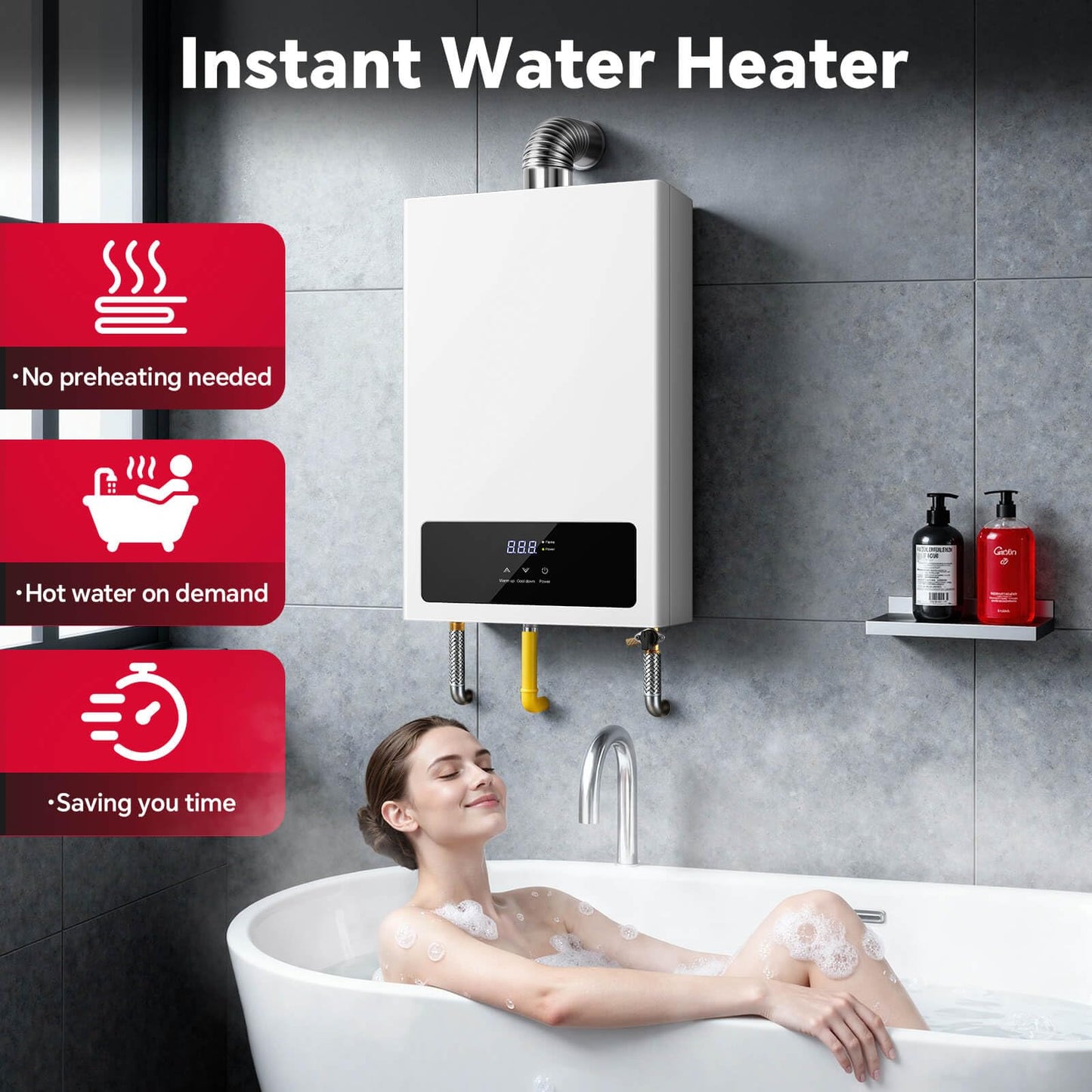 SNDOAS Tankless Water Heater,16L On Demand Water Heater Natural Gas, 4.23 GPM 85,300BTU Instant Hot Water, LED Display, Indoor Installation, 2-3 Point Use for Family Bathroom Kitchen,White