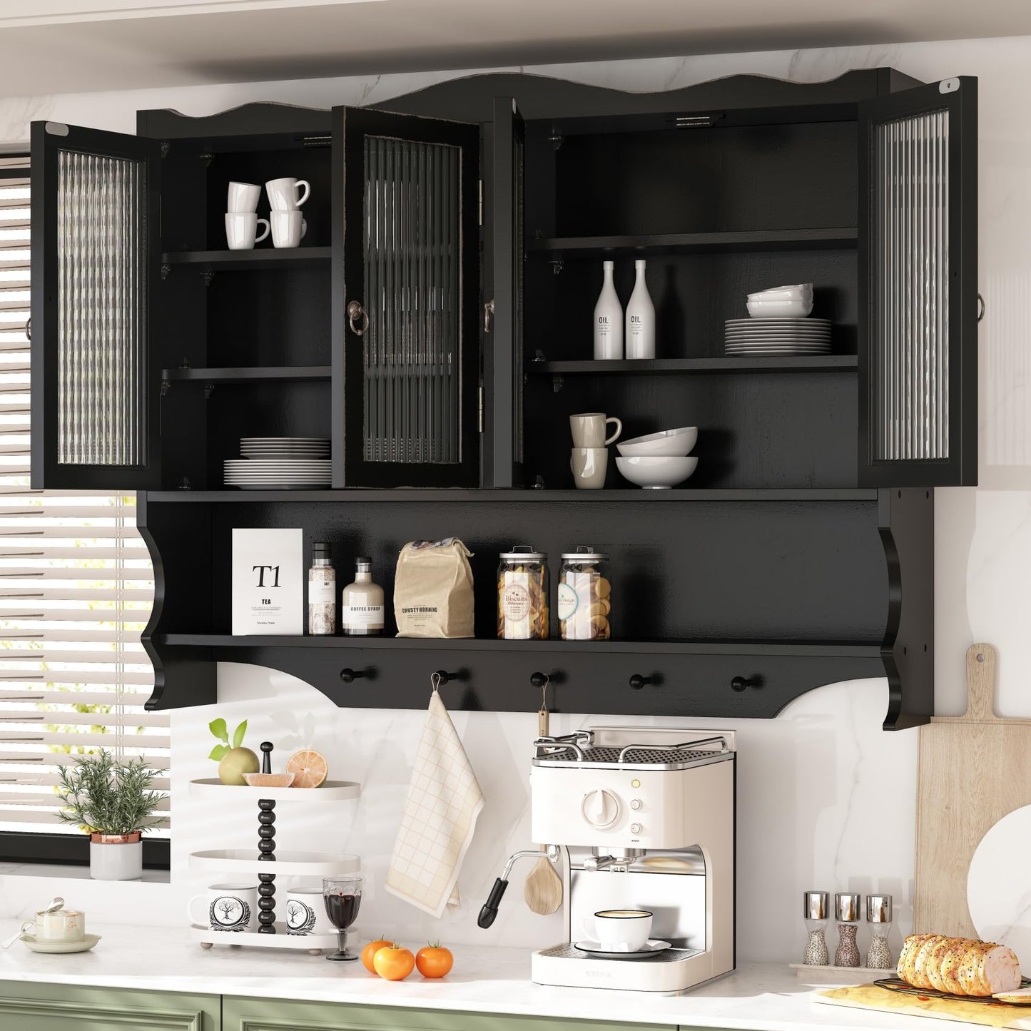 KEIKI 39.37" L Wall Mounted Kitchen Sideboard Cabinet with 4 Glass Door, 5 Hook Rack, 4 Layers Shelves, Retro Storage Buffet Medicine Cabinet for Bathroom, Dining Rooms, Entryway, Solid Wood, Black