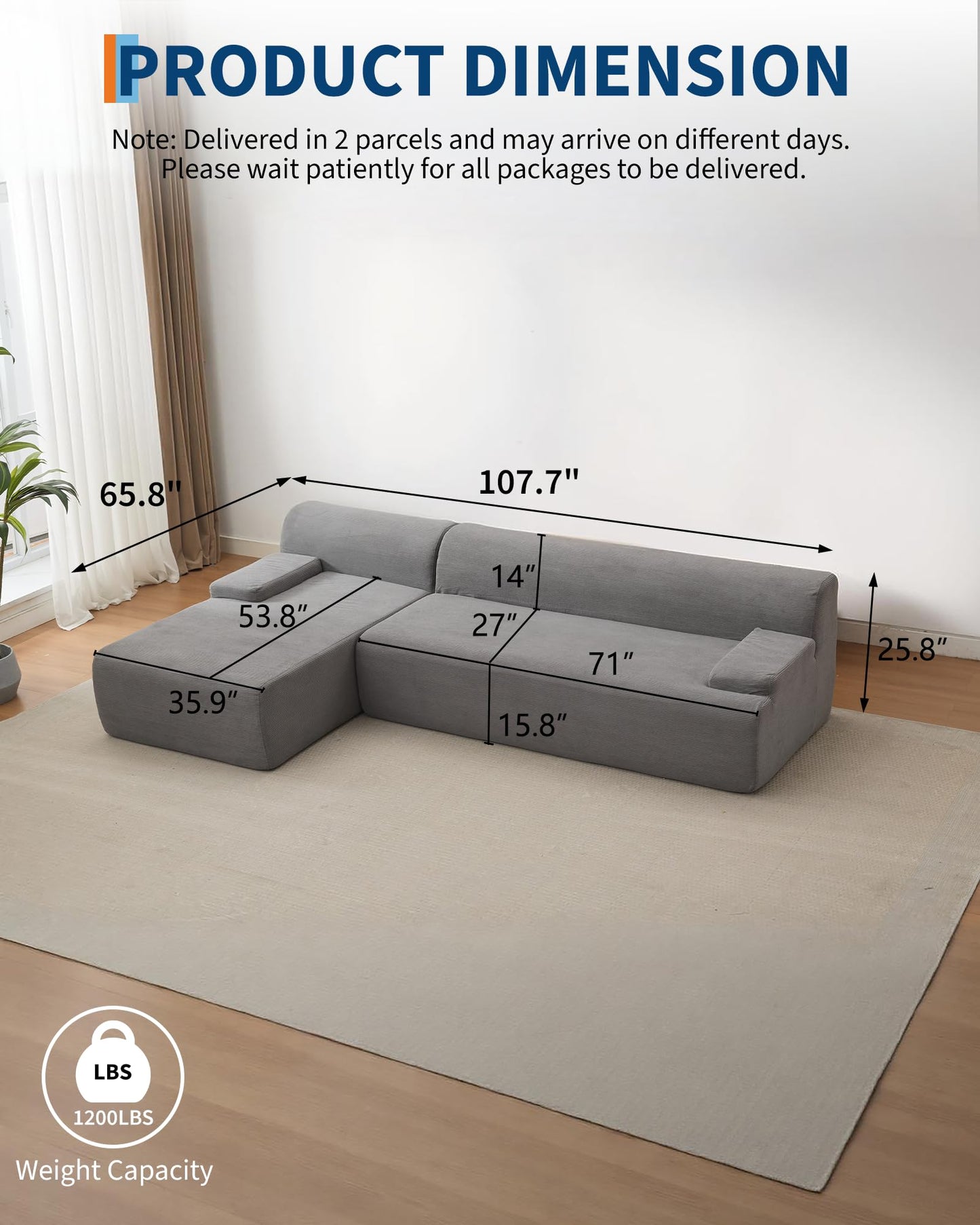 Garvee 108'' Modular Sectional Sofa, Left Facing Chaise L-Shaped Boneless Couch, Ultra Deep Seat Modern Sectional Sofa for Living Room, 5mm Wale Corduroy Fabric, Gary