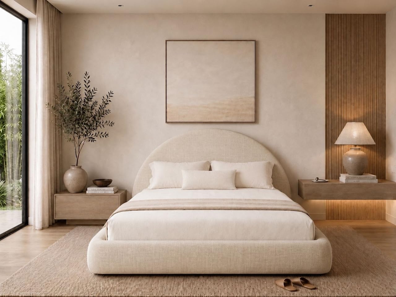 Cloud Frame Round Bed – Washable Zip Cover - Upholstered Linen Soft Foam - Modular Minimalist Modern - Half Circle Moon - Sold Sold Separately (Cream Linen Premium, Queen Base)