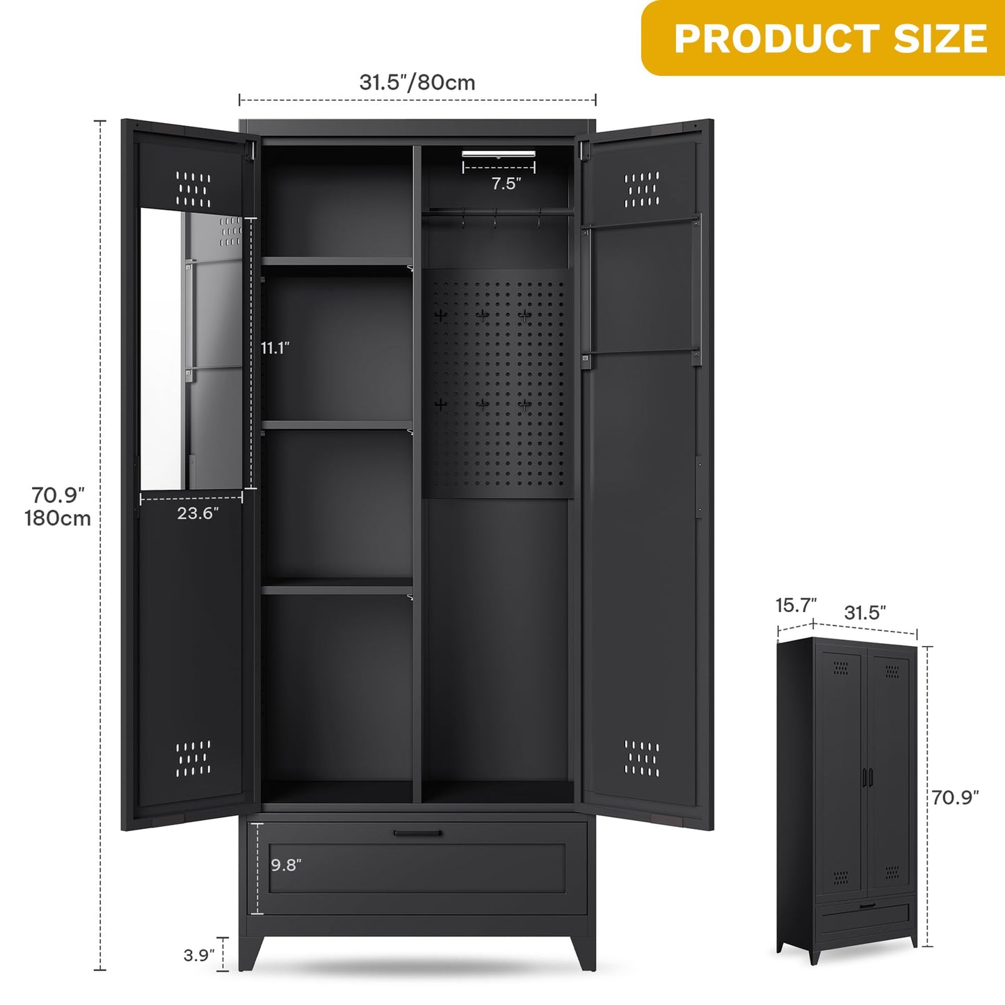 DWVO Metal Garage Storage Cabinet with Pegboard, 71" Tall Broom Cabinet with Lights, Adjustable Shelves, Heavy Duty Tool Storage Cabinet for Garage, Cleaning Room, Gym