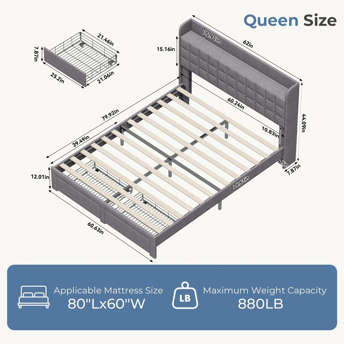 OLIXIS Queen Size Bed Frame with Headboard, Upholstere Platform Bedframe with 2 Fabric Underbed Storage Drawers, Mattress Foundation with Wooden Slats Support, Easy Assembly, Gray