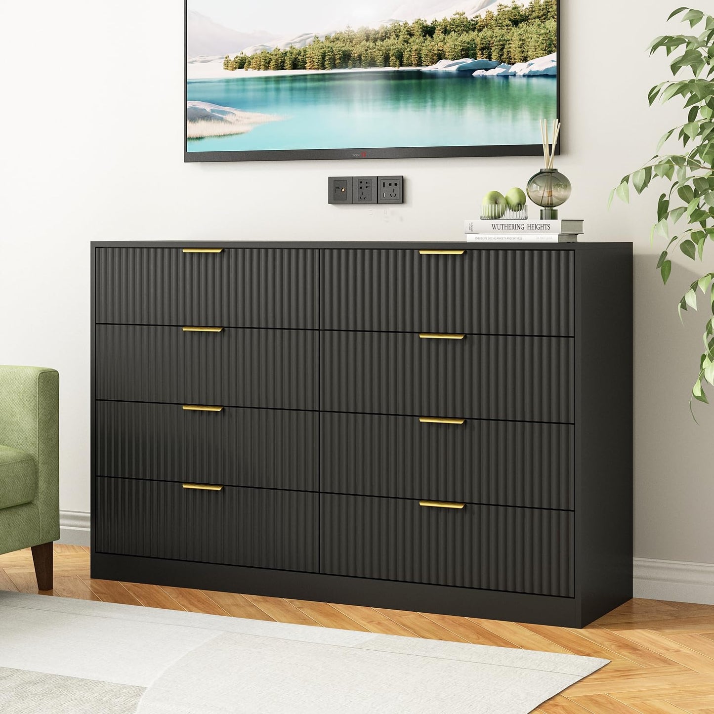 Sscaktu 7 Drawer Dresser and Nightstand Sets for Bedroom, 3 Pcs Bedroom Set，Night Stand Set of 2 & 7 Drawer Dresser with Gold Handles, Modern Wood Chest of Drawers Storage Cabinet Set, Black