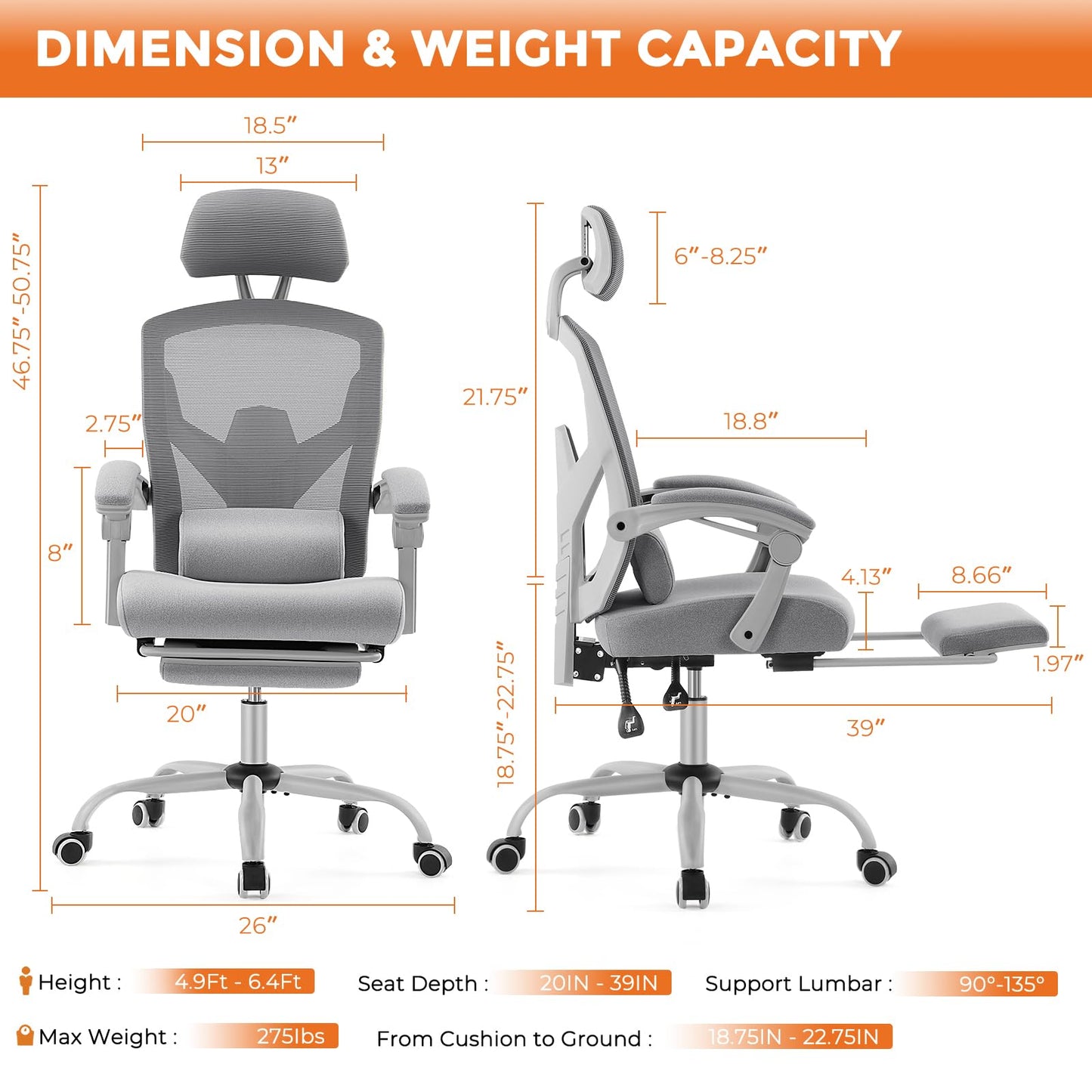 Sweetcrispy Office Computer Desk Chair Set of 2, Ergonomic High-Back Mesh Rolling Work Swivel Chairs with Wheels, Comfortable Lumbar Support, Comfy Arms for Home, Bedroom, Study, Student, Light Grey