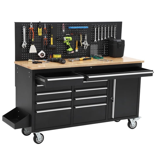 ActiveTrail 61" Tool Cabinet with Wheels, 10 Drawers Rolling Tool Chest, Heavy Duty Storage Workbench with Power Strip, Solid Rubber Wood Top, 1675 LBS Capacity, Mobile Tool Box for Garage, Shop