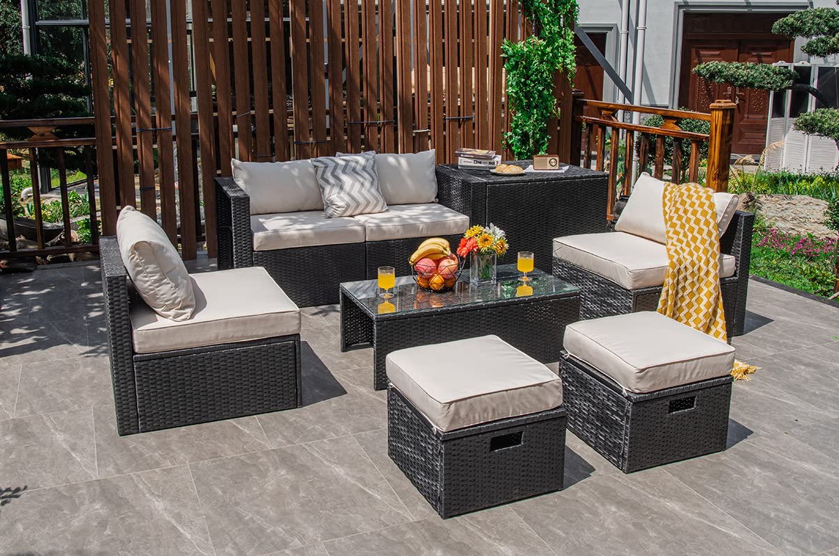 Tangkula 8 Pieces Patio Furniture Set with Waterproof Cover, Patiojoy Space Saving Outdoor PE Rattan Set with Storage Box, Tempered Glass Table, 2 Ottomans, 2 Armless Sofas & Corner Sofas
