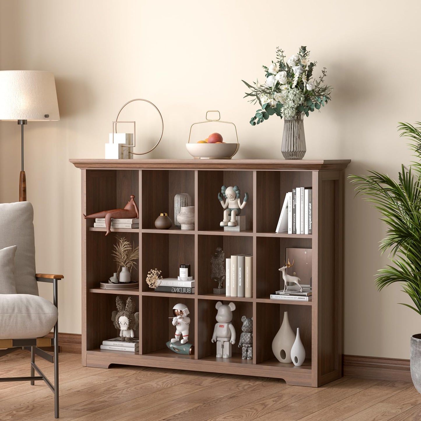 OSCHF Cube Shelf Bookcase with Base - Wooden 3 Tiers Floor Standing Low Storage Cabinet for Home and Office, 12-Cube Lattice Bookshelf, Walnut