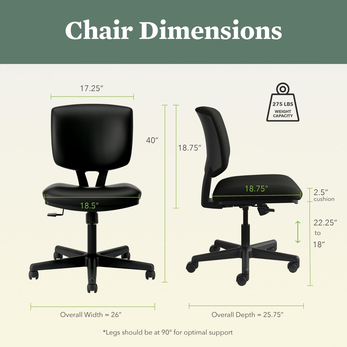 HON Volt Ergonomic Office Chair with Bonded Leather Seat and Back, Armless Desk and Computer Chair with Adjustable Center‑Tilt Recline and Wheels for Home Office or Workstation, Black