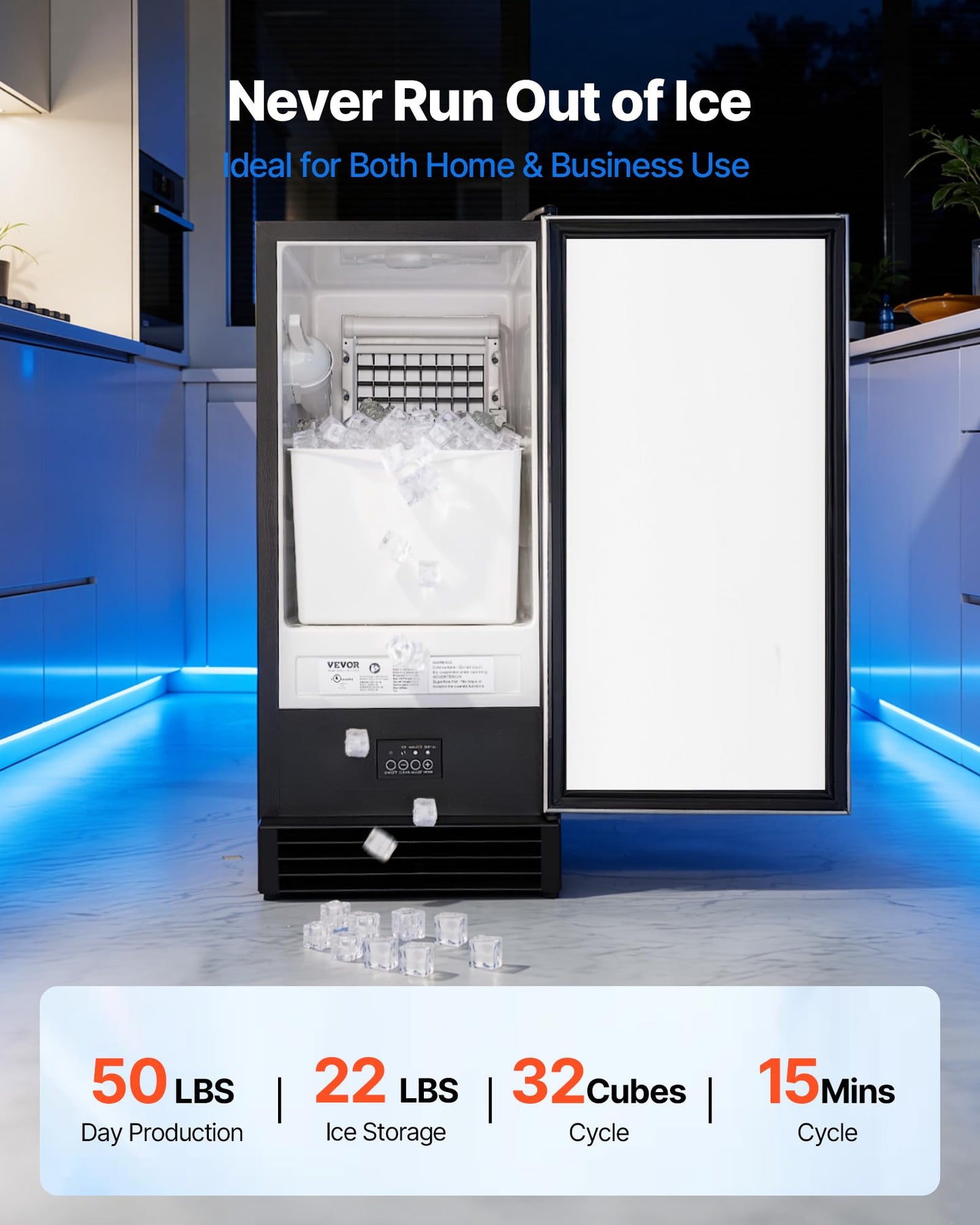 VEVOR Undercounter Built-in Ice Maker, 50 Lbs/Day Under Counter Ice Maker Machine with Drain Pump, Reversible Door, Stainless Steel Freestanding Ice Maker for Commercial Home Kitchen
