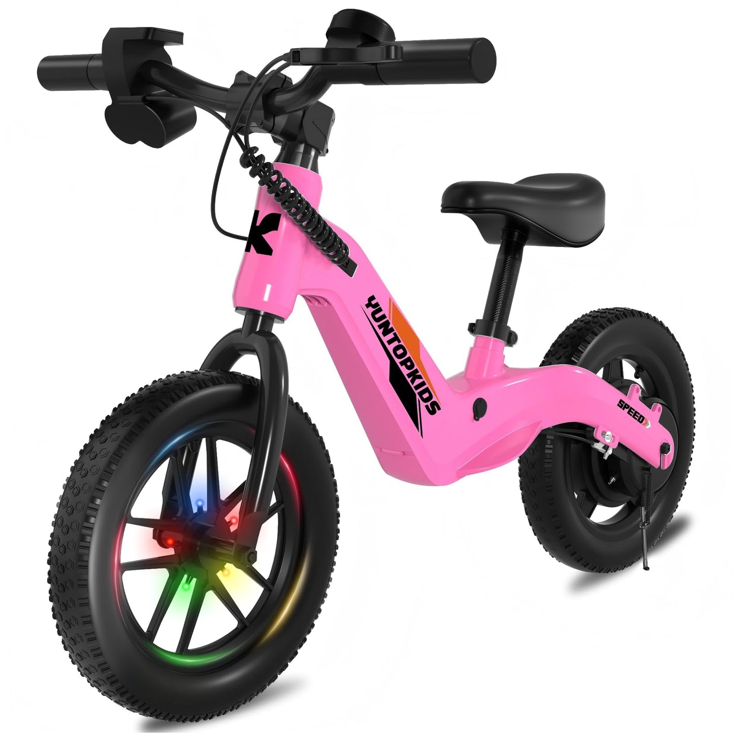 YunTopKids 24V Electric Balance Bike for Kids Ages 3-5, 12" Pneumatic Tires, Safe Kick-to-Start, 3 Speeds Up to 9.3 MPH, 180W Motor, LCD, Quick Charging, LED Lights (Pink)