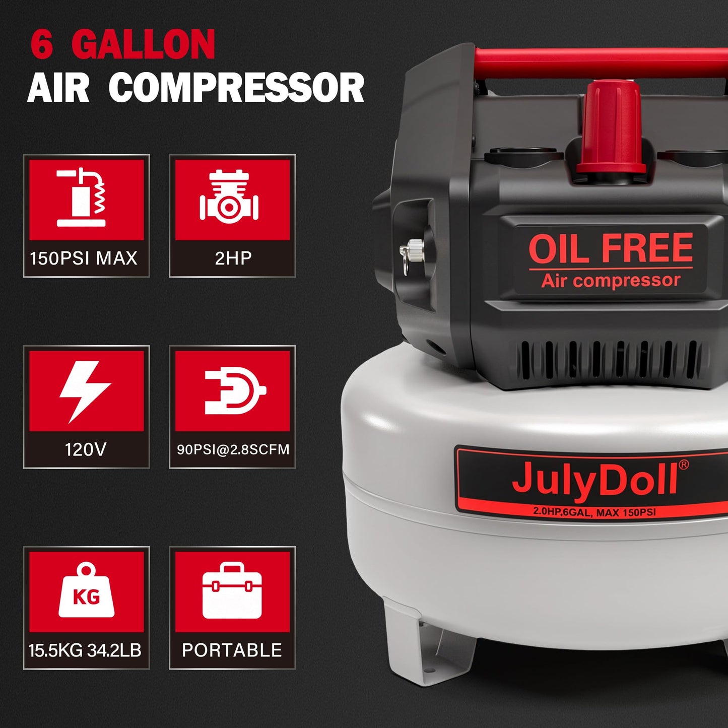 6 Gallon Pancake Air Compressor, 2.0 HP, Max 150 PSI, Oil-Free Motor, Portable Air Compressor for Garage, Workshop, Tire Inflation