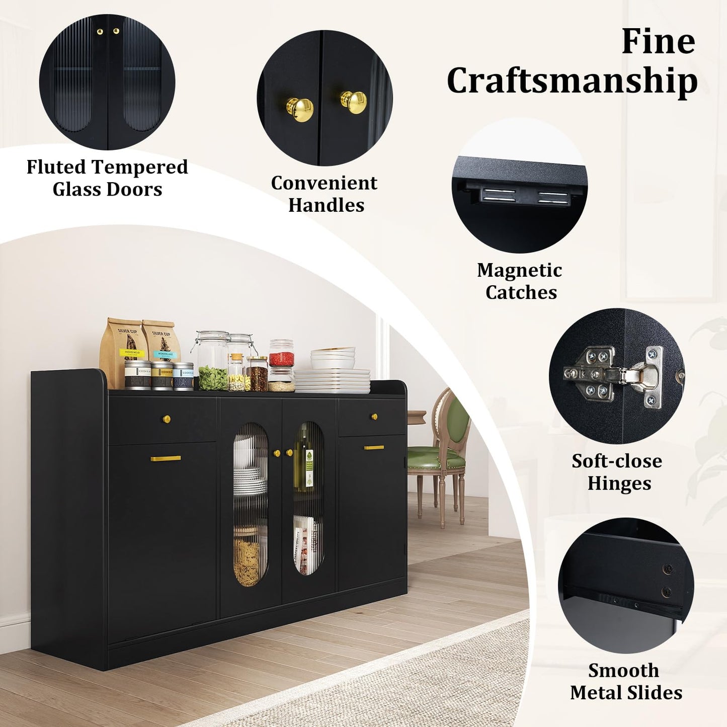 Giantex 55" Farmhouse Buffet Cabinet, Large Credenza w/Hidden Tilt Out Trash Can, 2 Glass Doors, 2 Drawers & Adjustable Shelves, Modern Sideboard Coffee Bar Cabinet for Kitchen, Dining Room (Black)
