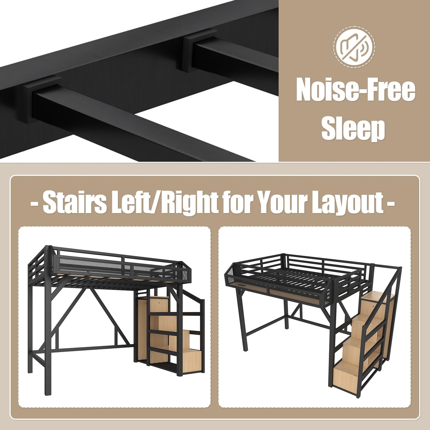 Bellemave Twin XL Loft Bed Frame with Storage Stairs, Beside Shelf & Wardrobe, Metal Loft Bed Twin XL with USB Ports & LED Light, Large Under-Bed Space Loft Beds for Adults, Teens, Kids, Black Natural