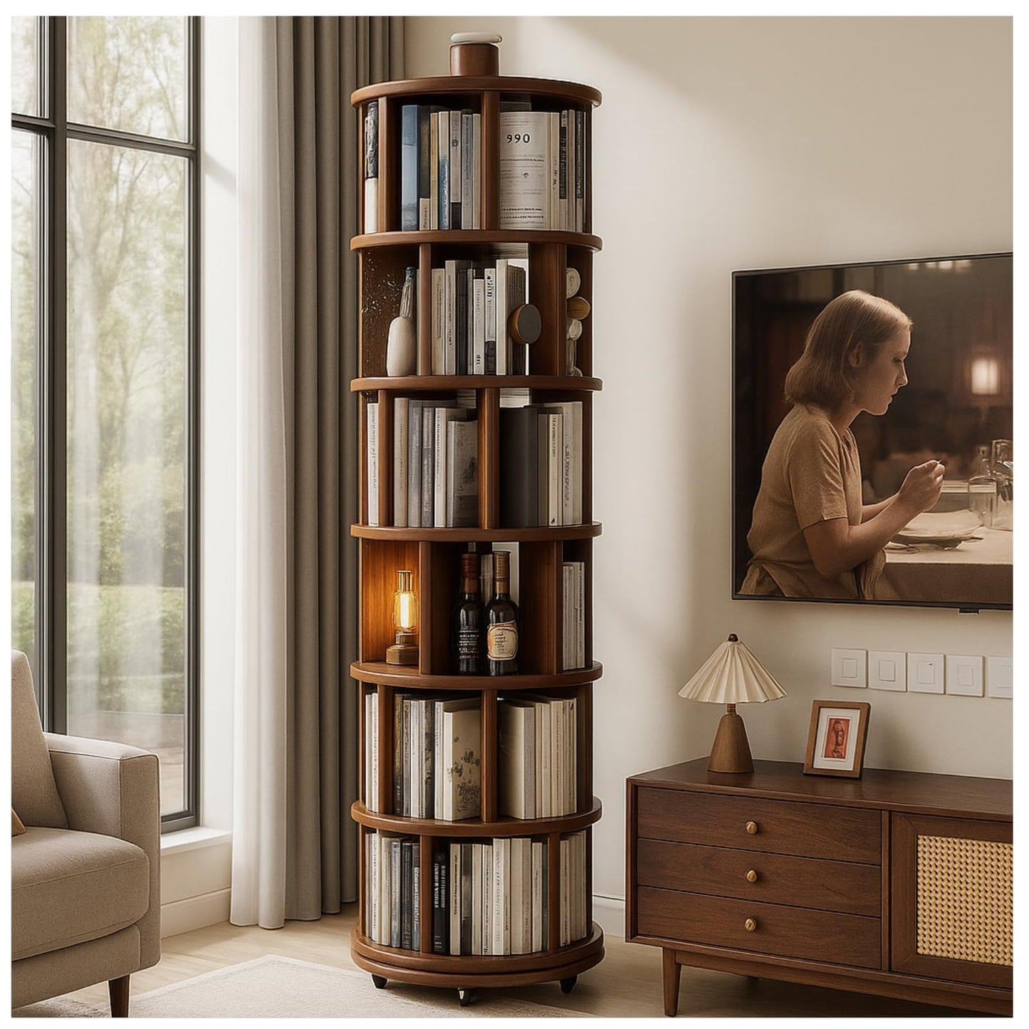 SALUISH Solid Wood Rotating Round Bookshelf Towers with Wheels, Revolving Bookcase 6 Tier 360° Wooden Rotating Book Tower, Narrow Rolling Vertical Display Storage Rack (Walnut, 6 Tier, 78.1" H)