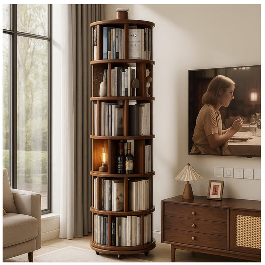 SALUISH Solid Wood Rotating Round Bookshelf Towers with Wheels, Revolving Bookcase 6 Tier 360° Wooden Rotating Book Tower, Narrow Rolling Vertical Display Storage Rack (Walnut, 6 Tier, 78.1" H)