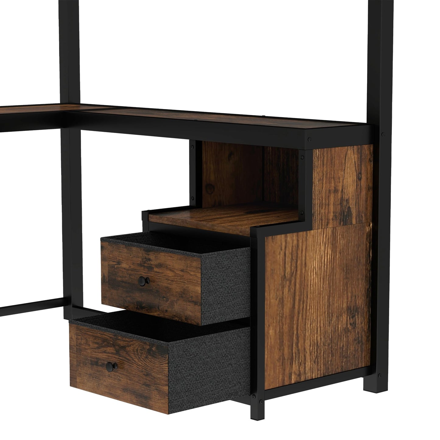 Bellemave Queen Loft Bed with L-Shaped Desk and Storage Drawers, Queen Size Loft Bed Frame with Computer Monitor Stand, Corner Shelf and Hanger Rod, Adults Loft Beds Nosie-Free, Black