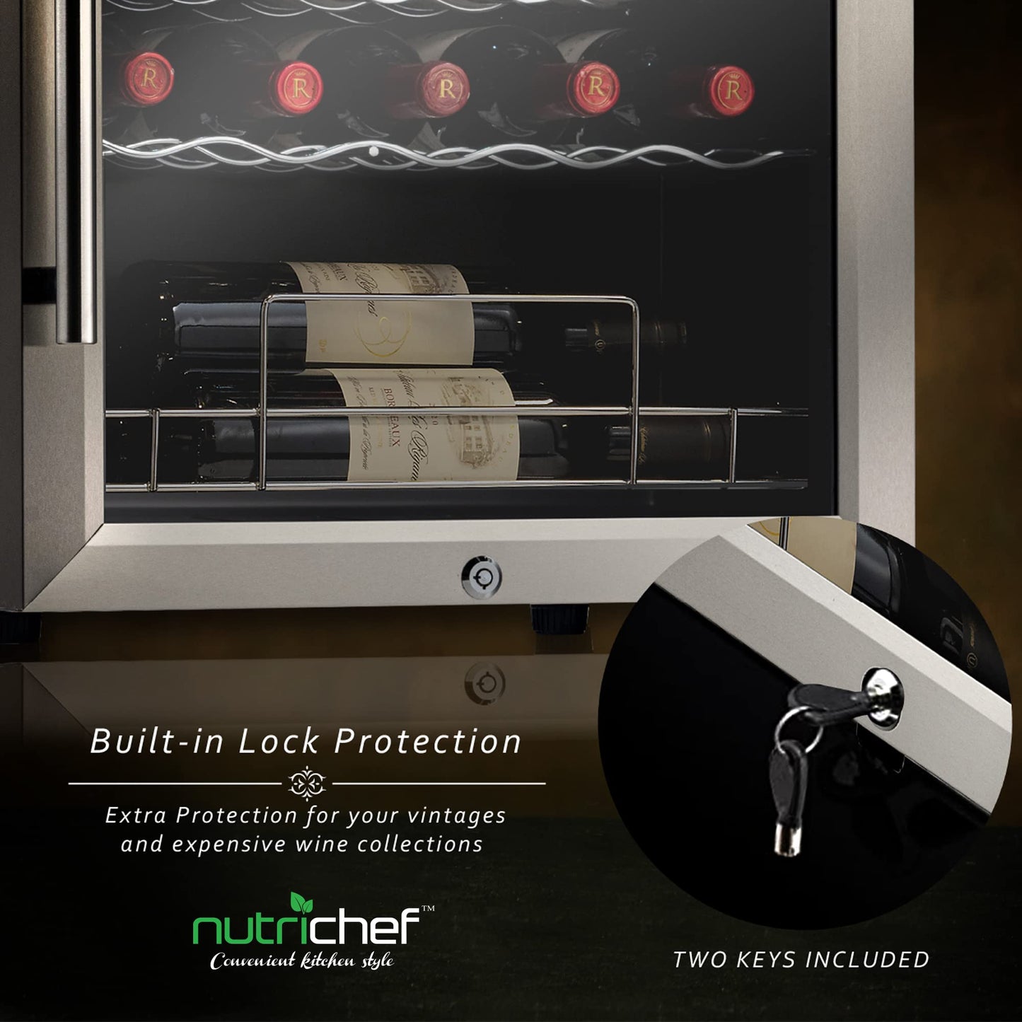Nutrichef 34 Bottle Wine Fridge | Single Zone Wine Chiller for Chilled Wines | Adjustable Temperature 41F - 64 F | Ultra Quiet Operation | Wine Cooler for Home & Office | 33x19x17 IN | Stainless Steel