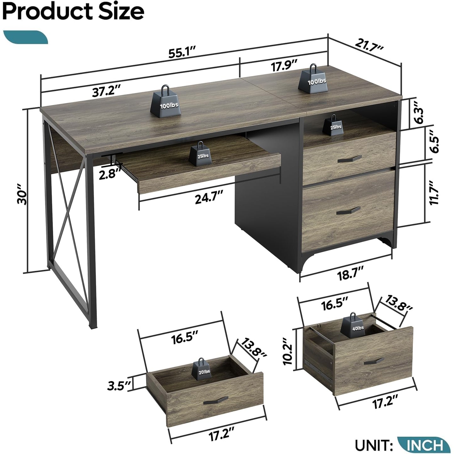 Bestier Office Desk with Drawers, 55 inch Industrial Computer Desk with Storage, Wood Teacher Desk with Keyboard Tray & File Drawer for Home Office, Dark Gray Oak