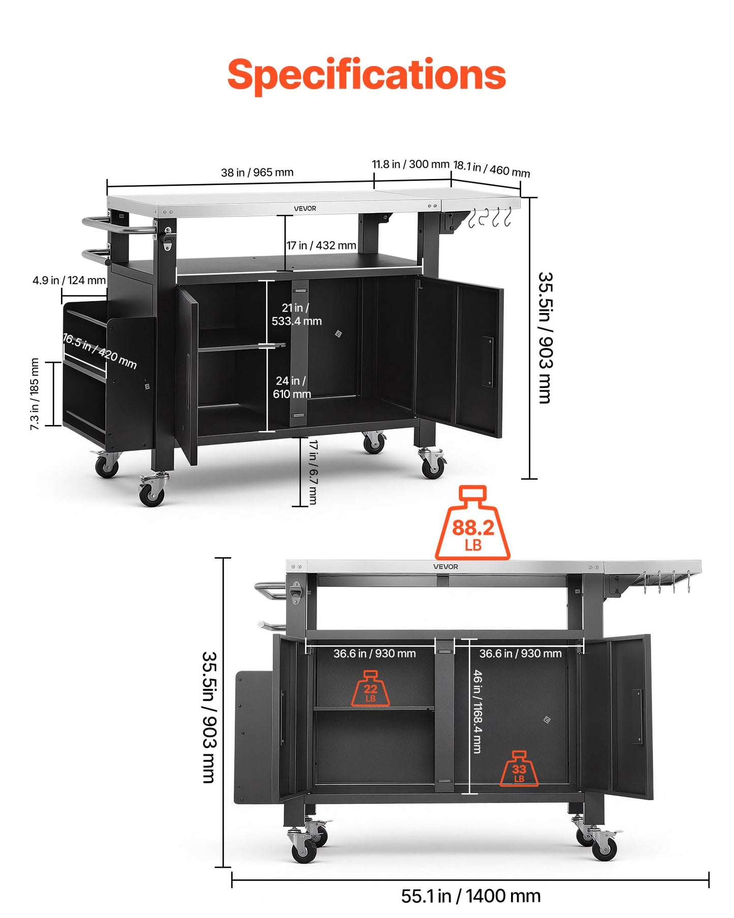 VEVOR Outdoor Grill Cart with Storage Cabinet, 55.1 Inch Grill Table, Waterproof Kitchen Island with Stainless Steel Top, Shelf, and Wheels, Movable Food Prep Station for Patio Bar Backyard BBQ