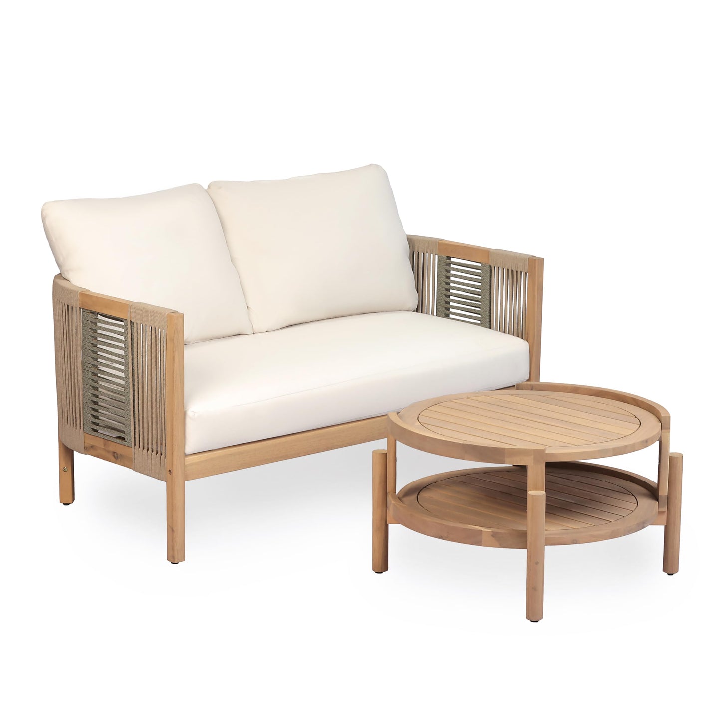 Christopher Knight Home Outdoor Acacia Wood Loveseat with Coffee Table, Acacia Wood Patio Furniture, Outdoor Conversation Sofa Set, Patio Sectional Chat Set for Backyard Balcony, Teak+ Beige